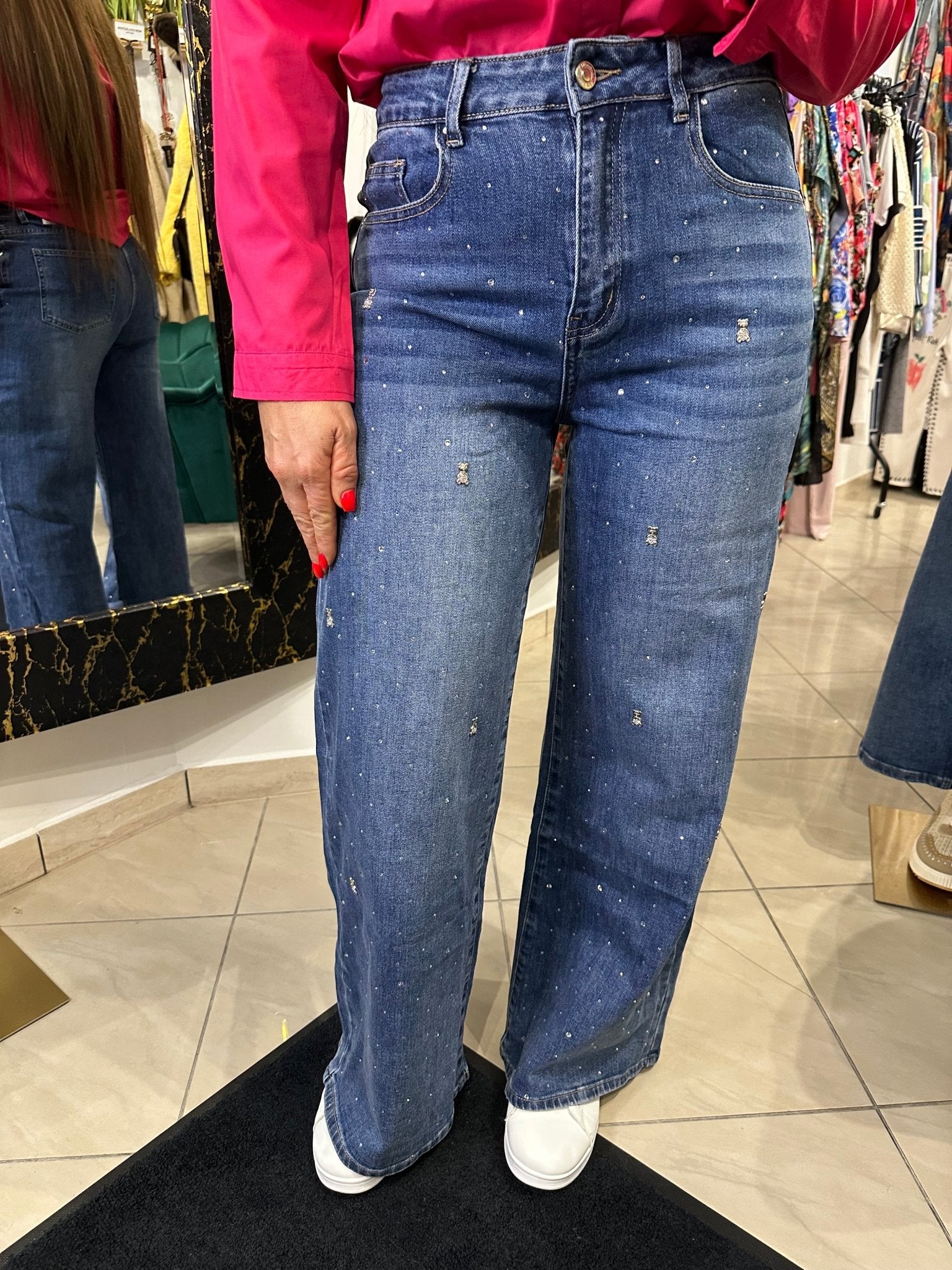 LIZA mom fit bő szárú köves, macis farmer nadrág - BELADY