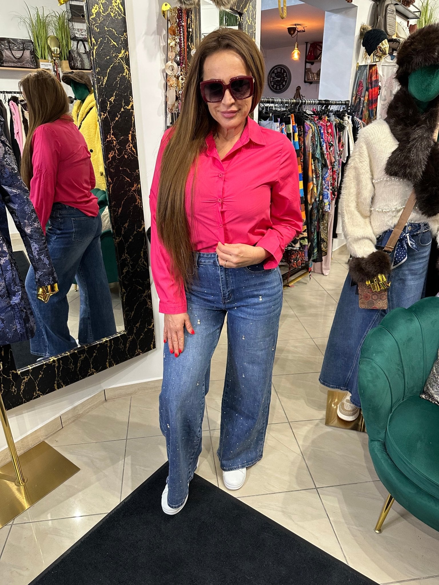 LIZA mom fit bő szárú köves, macis farmer nadrág - BELADY