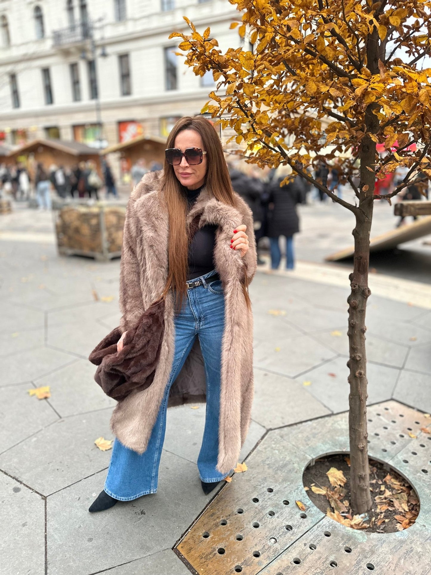 NATALIA bézs barna hosszú szőrme bunda kabát - BELADY