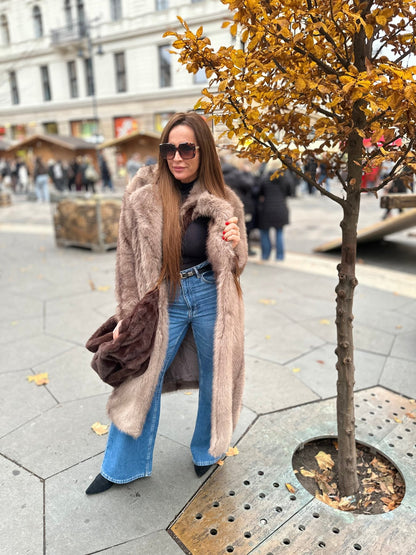 NATALIA bézs barna hosszú szőrme bunda kabát - BELADY