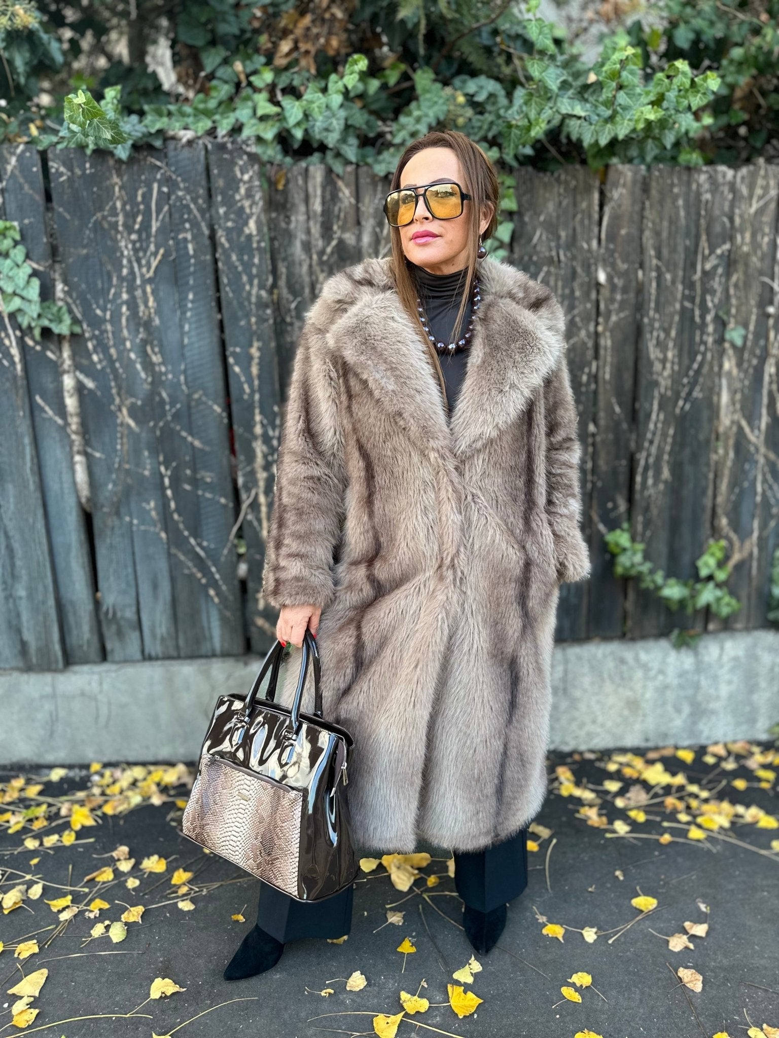 NATALIA bézs barna hosszú szőrme bunda kabát - BELADY