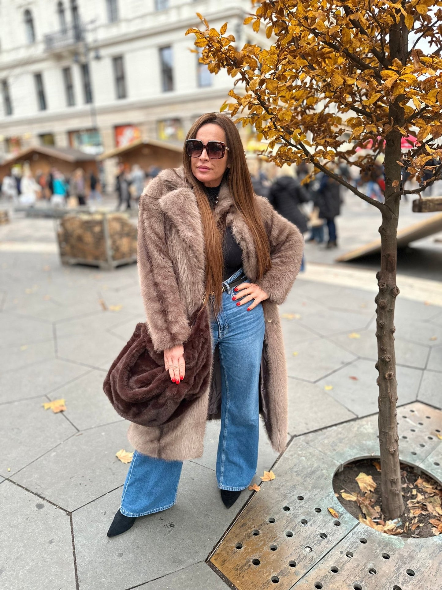 NATALIA bézs barna hosszú szőrme bunda kabát - BELADY