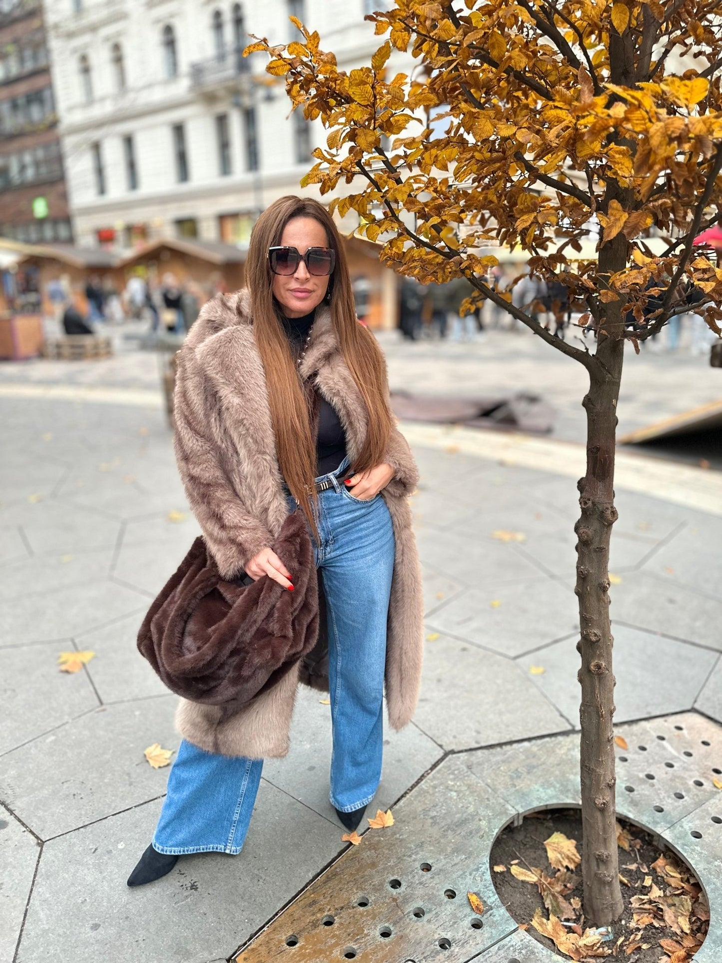 NATALIA bézs barna hosszú szőrme bunda kabát - BELADY