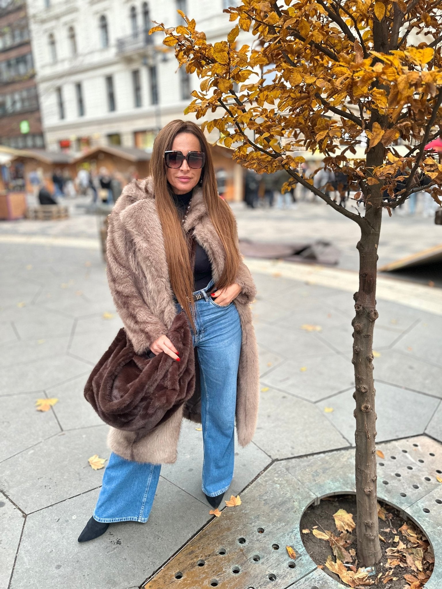 NATALIA bézs barna hosszú szőrme bunda kabát - BELADY