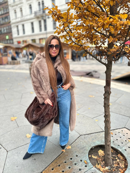 NATALIA bézs barna hosszú szőrme bunda kabát - BELADY