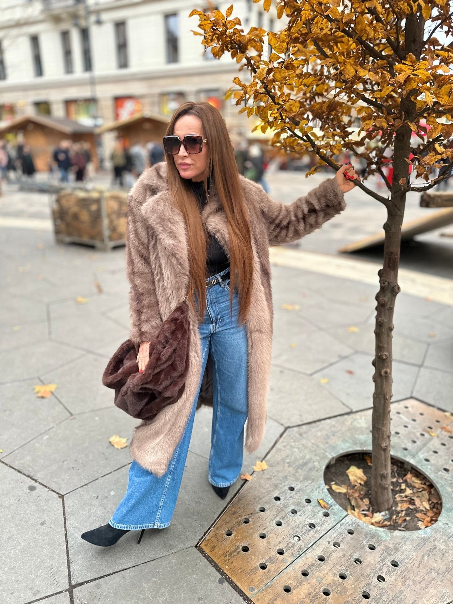 NATALIA bézs barna hosszú szőrme bunda kabát - BELADY