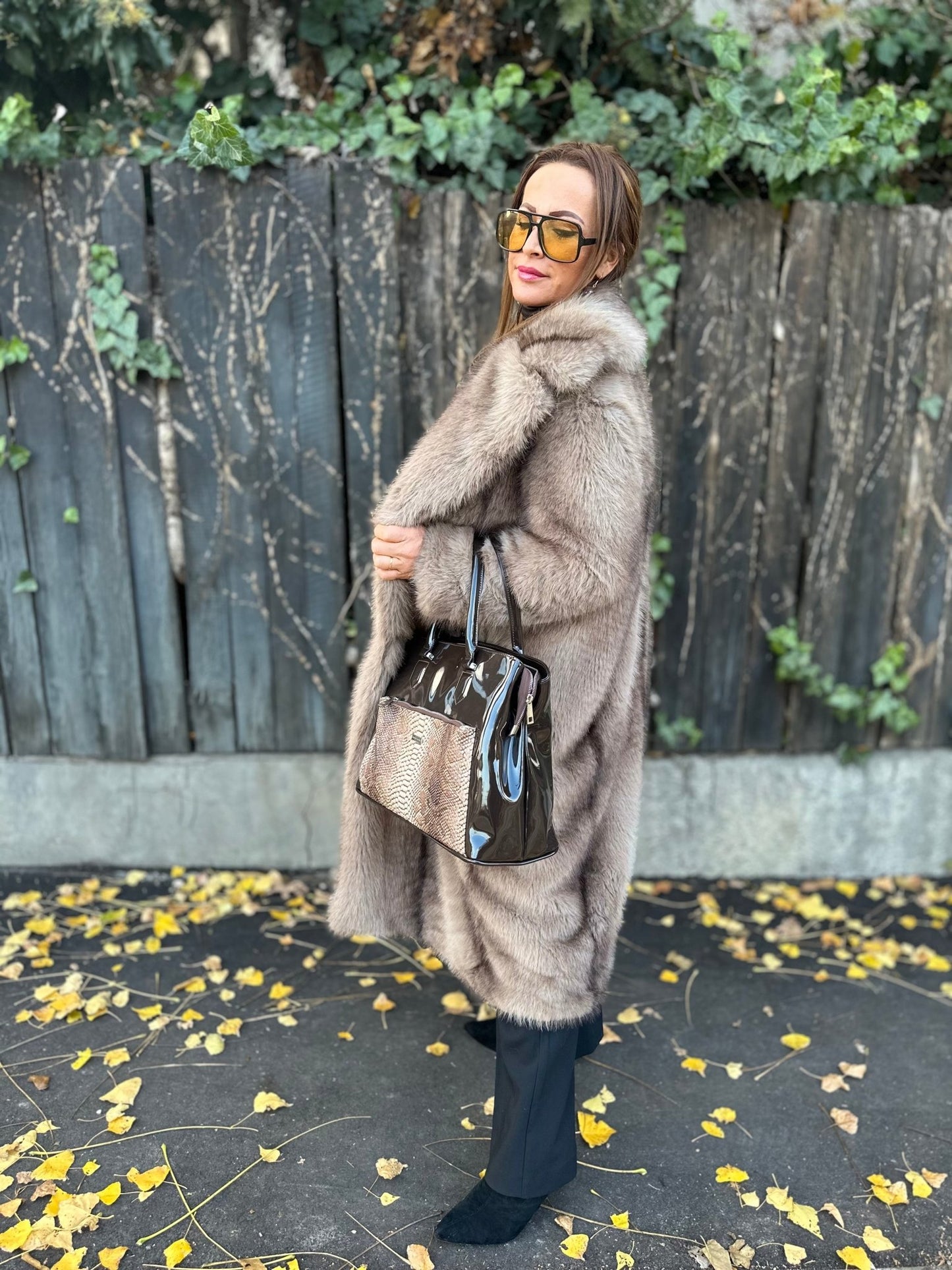 NATALIA bézs barna hosszú szőrme bunda kabát - BELADY