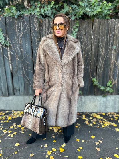 NATALIA bézs barna hosszú szőrme bunda kabát - BELADY
