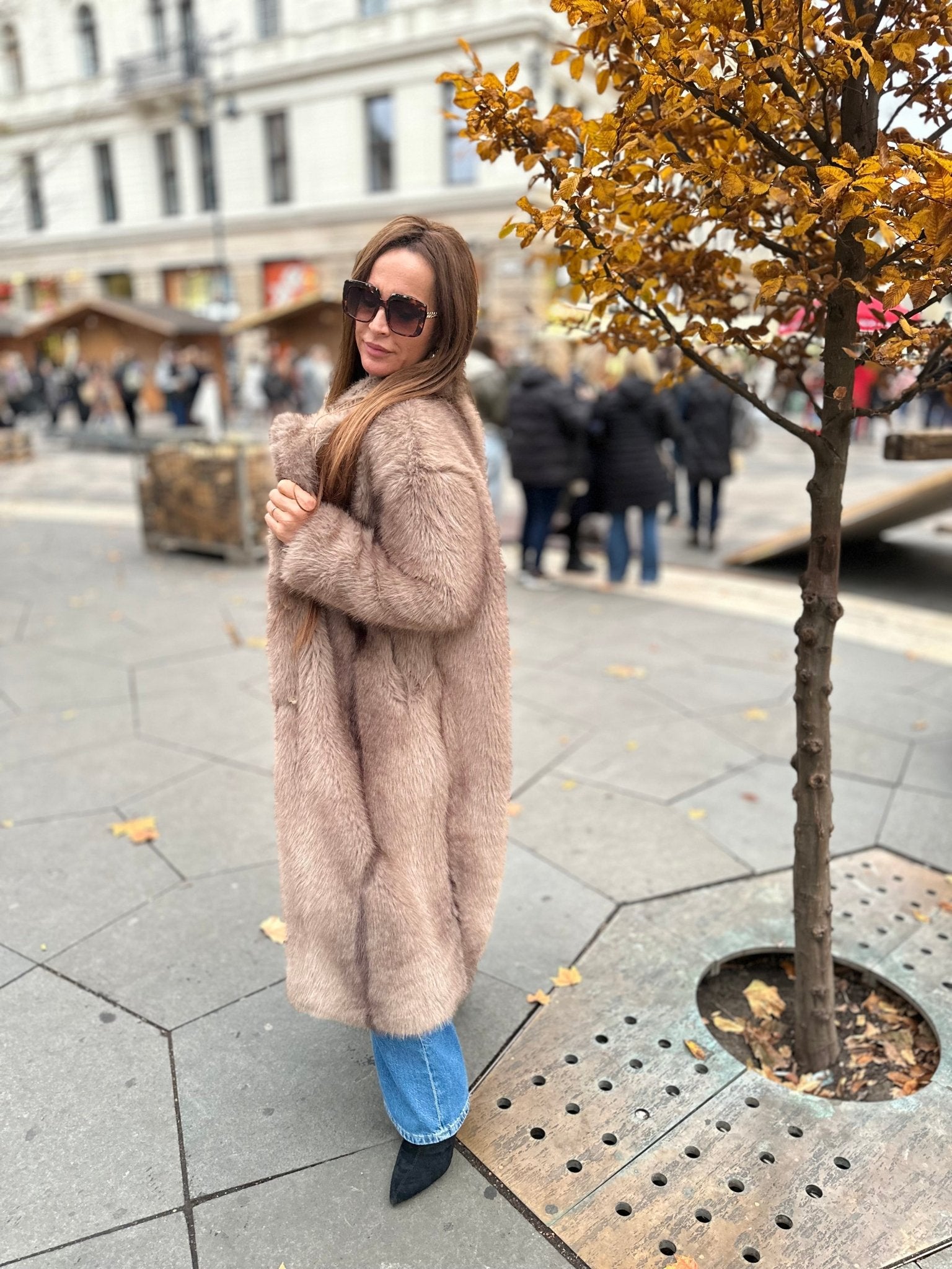 NATALIA bézs barna hosszú szőrme bunda kabát - BELADY