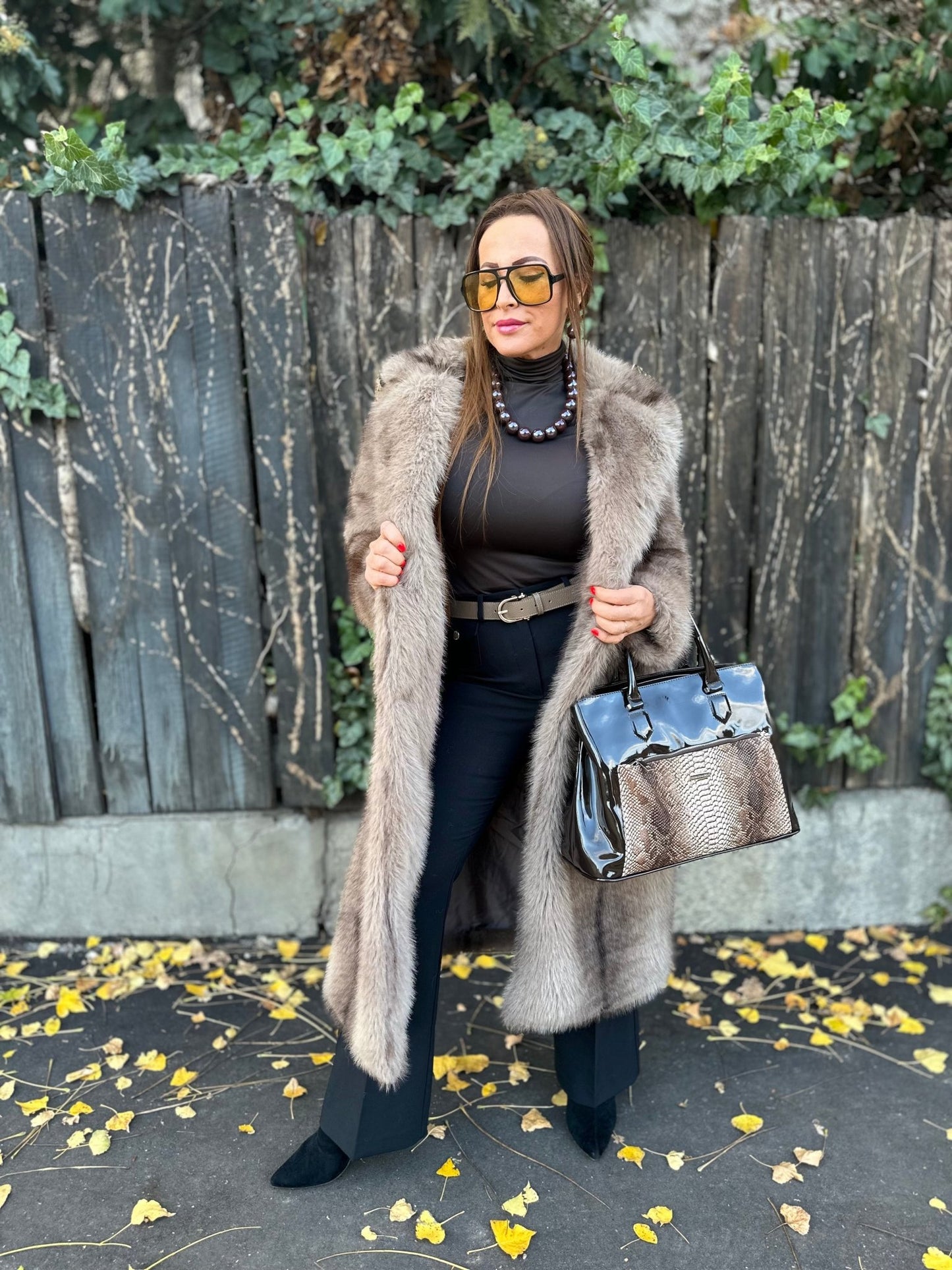 NATALIA bézs barna hosszú szőrme bunda kabát - BELADY