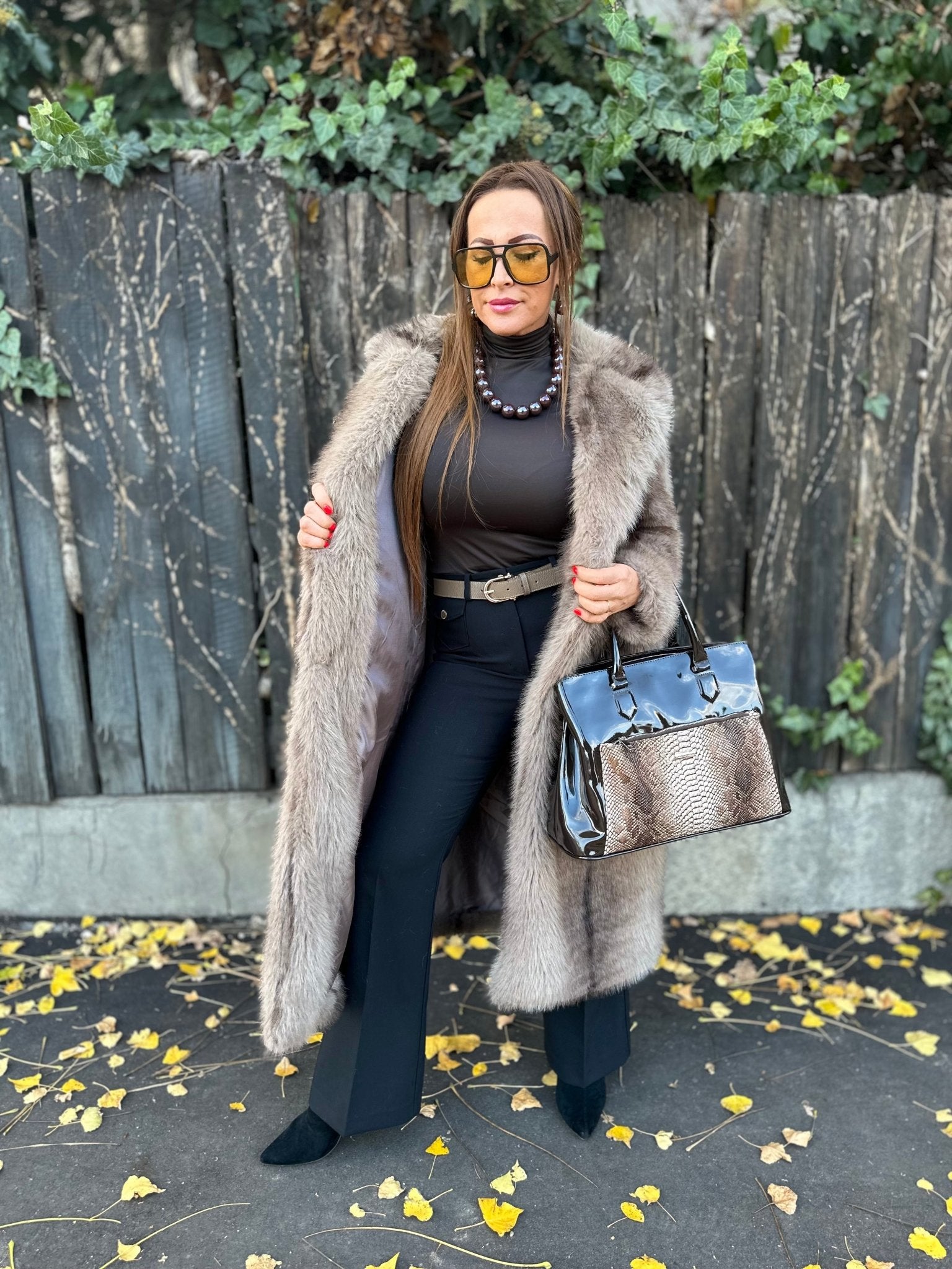 NATALIA bézs barna hosszú szőrme bunda kabát - BELADY