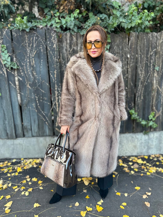 NATALIA bézs barna hosszú szőrme bunda kabát - BELADY