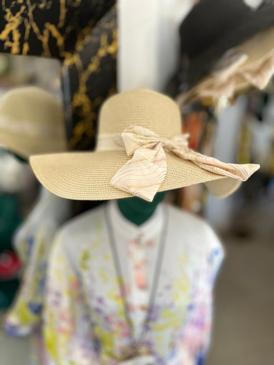 RIMINI Bézs arany masnis rattan kalap - BELADY