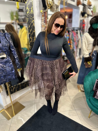 RONI barna leopárd / ocelot mintás fodros álom szoknya - BELADY