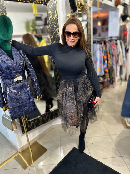 RONI fekete leopárd / ocelot mintás fodros álom szoknya - BELADY