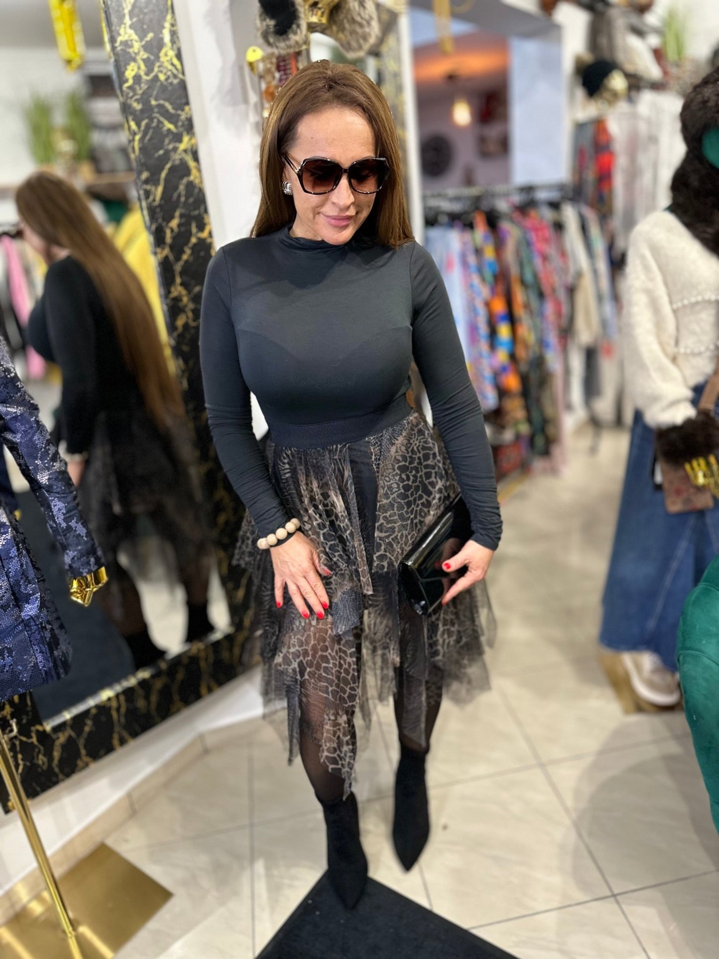 RONI fekete leopárd / ocelot mintás fodros álom szoknya - BELADY