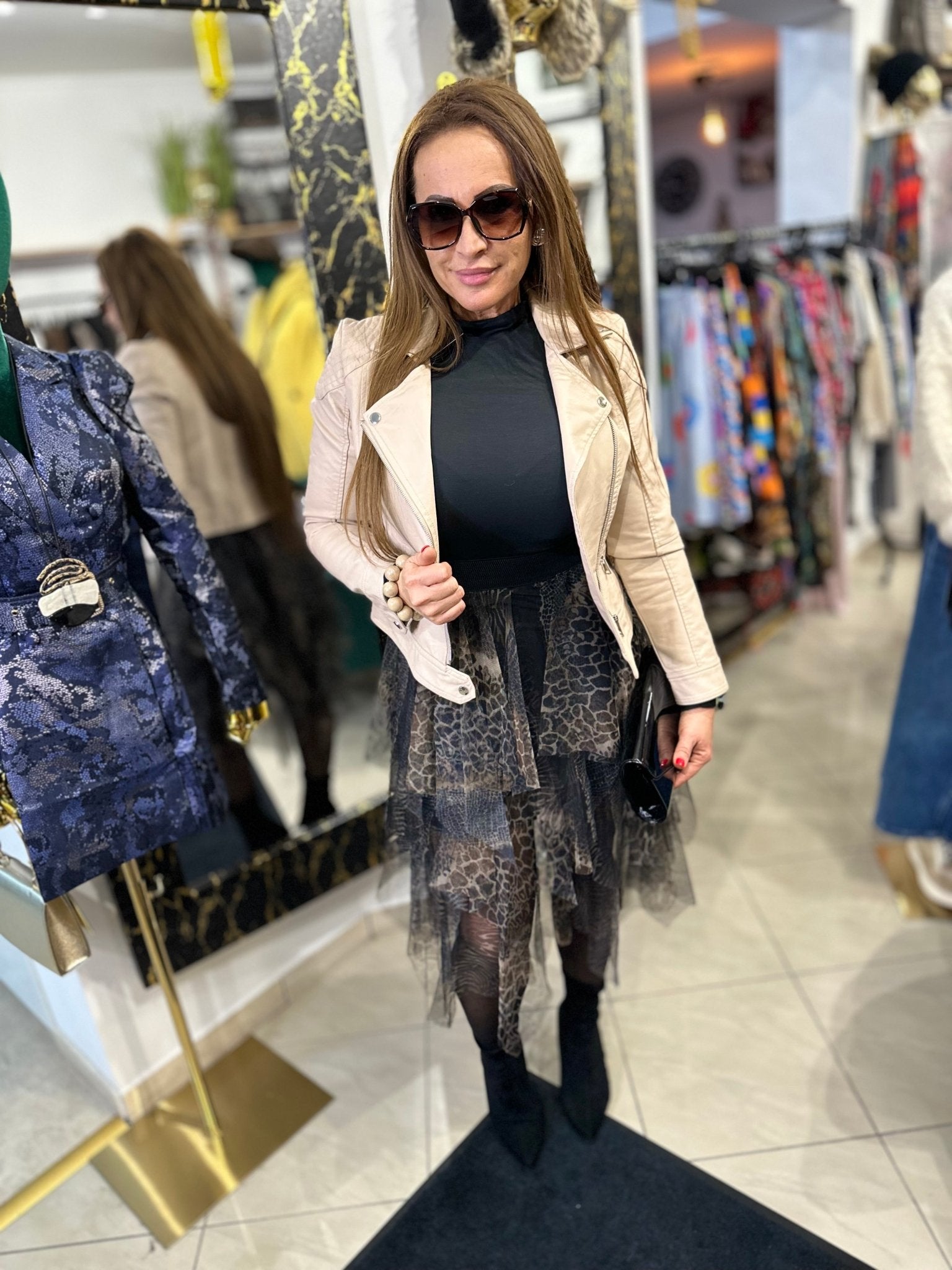 RONI fekete leopárd / ocelot mintás fodros álom szoknya - BELADY