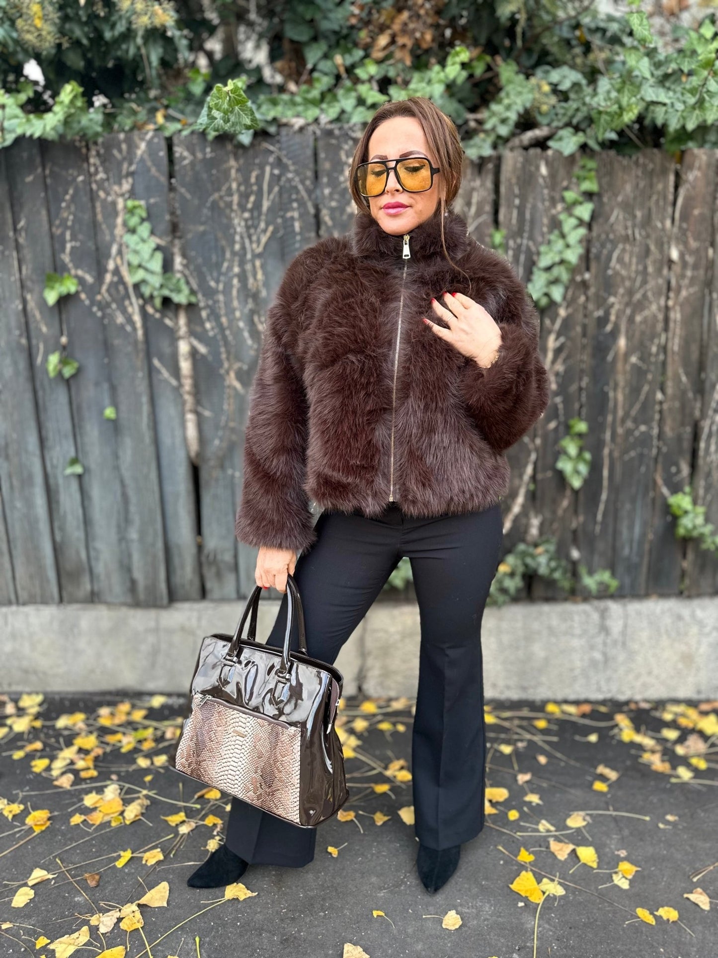 SONJA barna cipzáros szőrme bunda kabát - BELADY