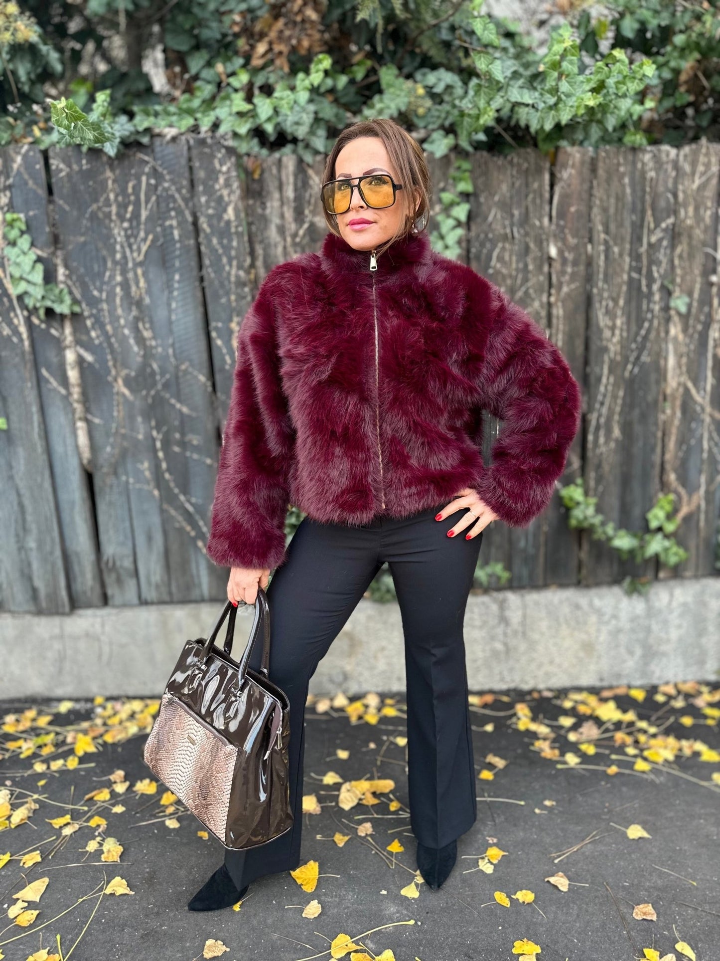 SONJA bordó cipzáros szőrme bunda kabát - BELADY