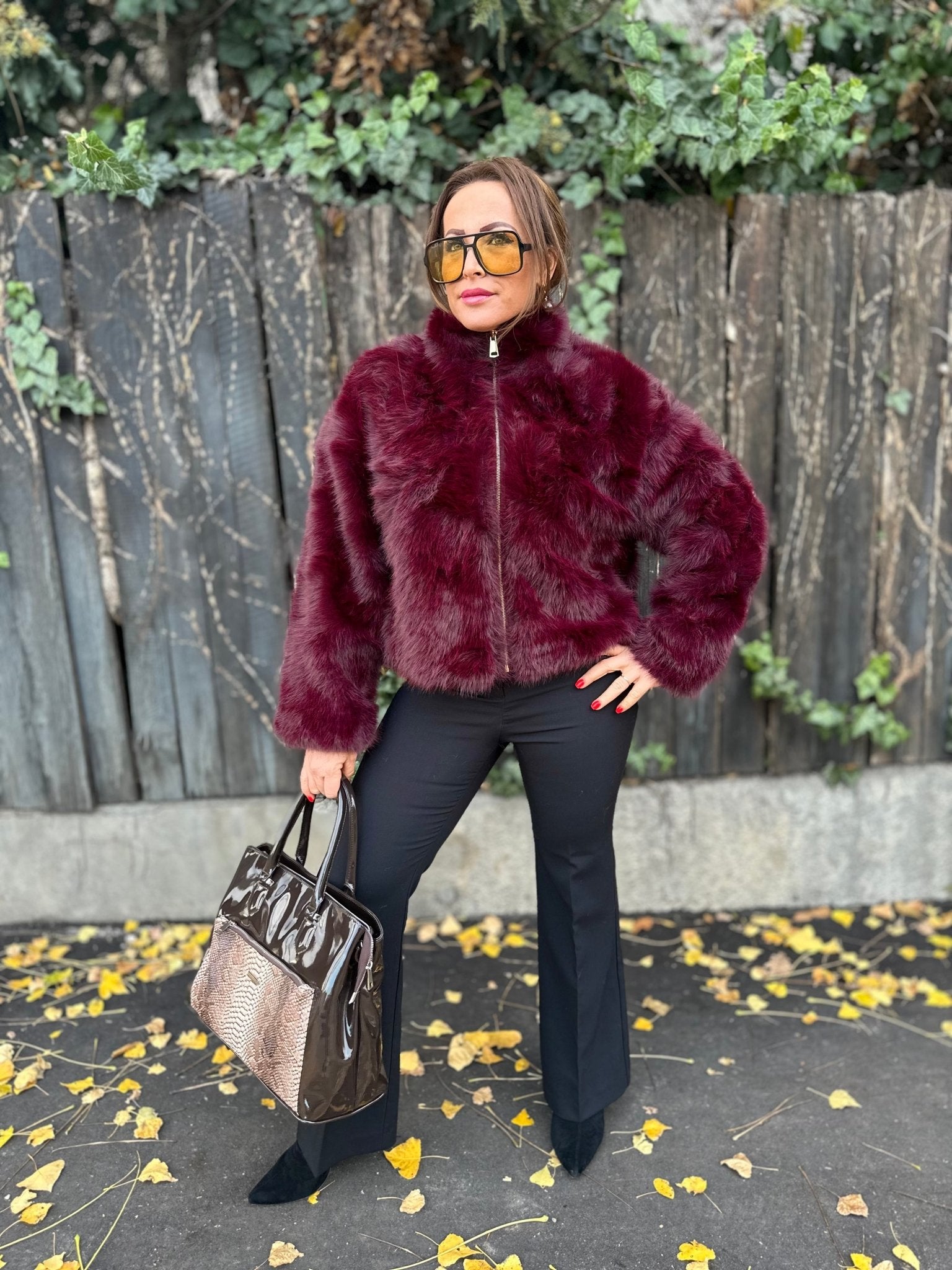 SONJA bordó cipzáros szőrme bunda kabát - BELADY