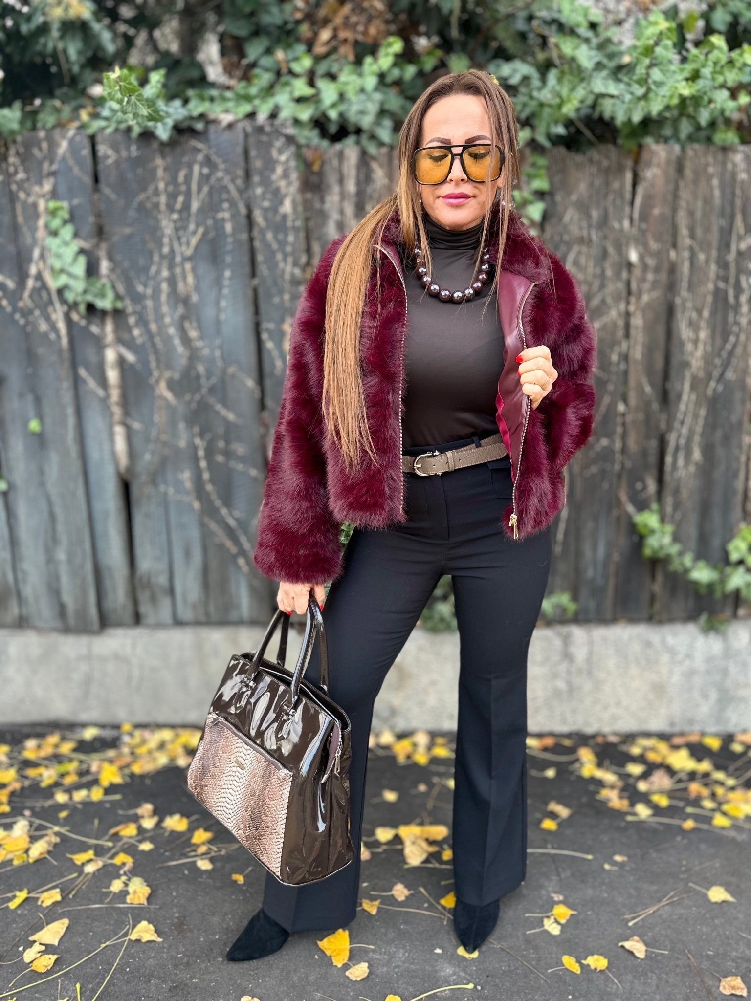 SONJA bordó cipzáros szőrme bunda kabát - BELADY