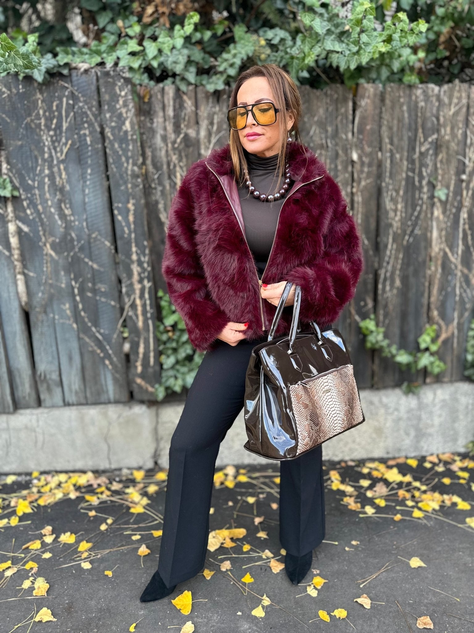 SONJA bordó cipzáros szőrme bunda kabát - BELADY