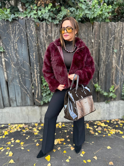 SONJA bordó cipzáros szőrme bunda kabát - BELADY