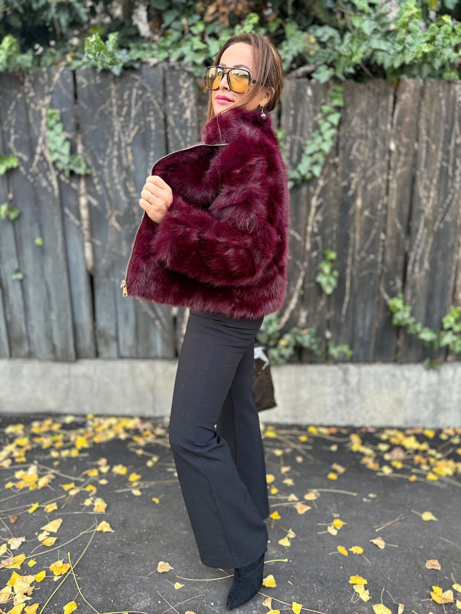 SONJA bordó cipzáros szőrme bunda kabát - BELADY