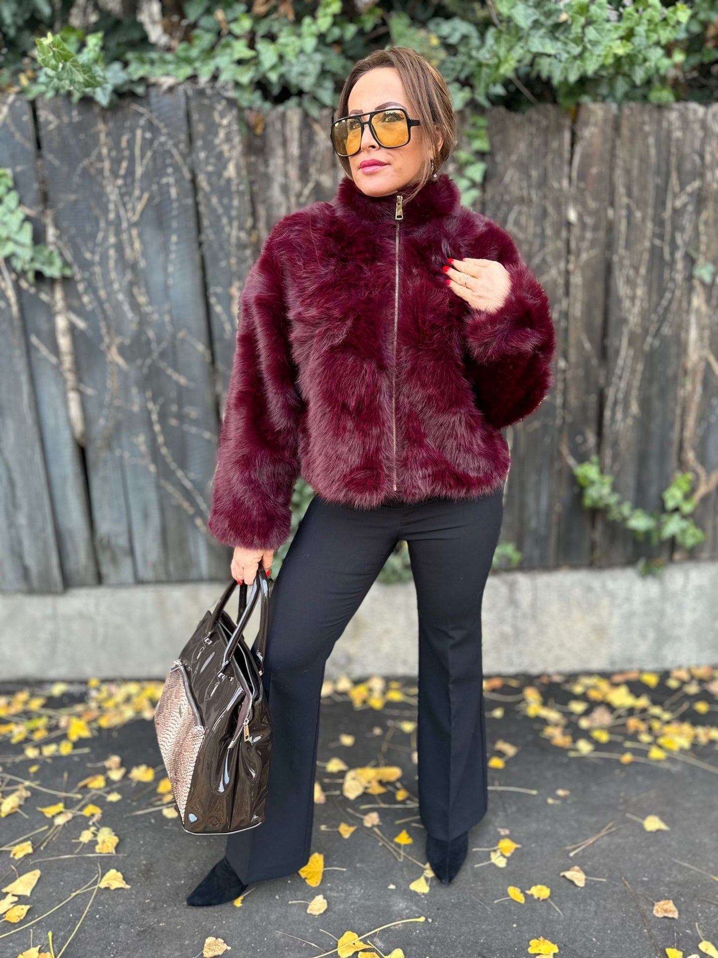 SONJA bordó cipzáros szőrme bunda kabát - BELADY