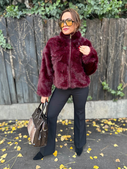 SONJA bordó cipzáros szőrme bunda kabát - BELADY