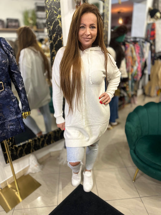 TAMARA fehér hosszított kapucnis pulóver - BELADY